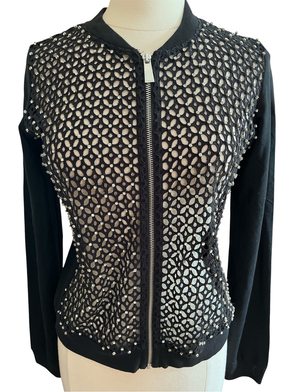 Pinko Black Embellished Rhinestone Crochet Front Zip Cardigan/Sweater Size Large